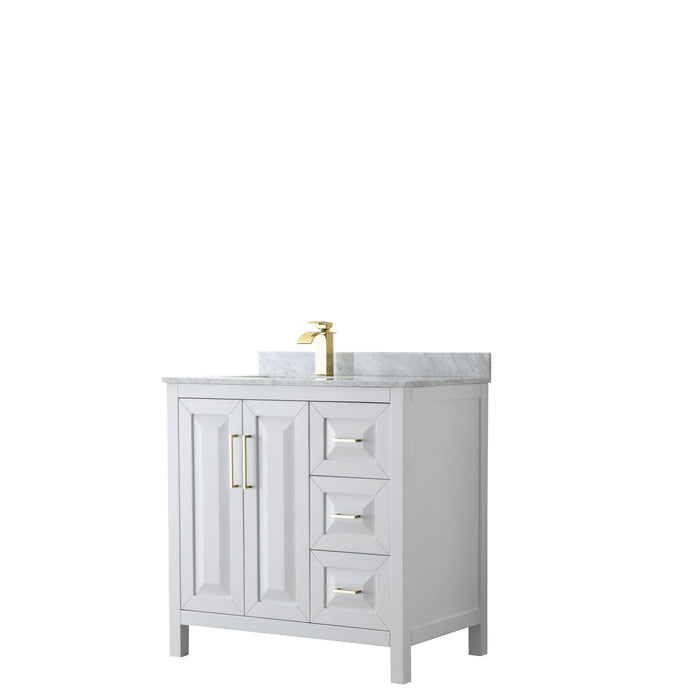 Wyndham Collection Vanity Wyndham Collection WCV252536SWGCMUNSMXX Daria 36 Inch Single Bathroom Vanity in White, White Carrara Marble Countertop, Undermount Square Sink, Brushed Gold Trim