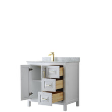 Load image into Gallery viewer, Wyndham Collection Vanity Wyndham Collection WCV252536SWGCMUNSMXX Daria 36 Inch Single Bathroom Vanity in White, White Carrara Marble Countertop, Undermount Square Sink, Brushed Gold Trim