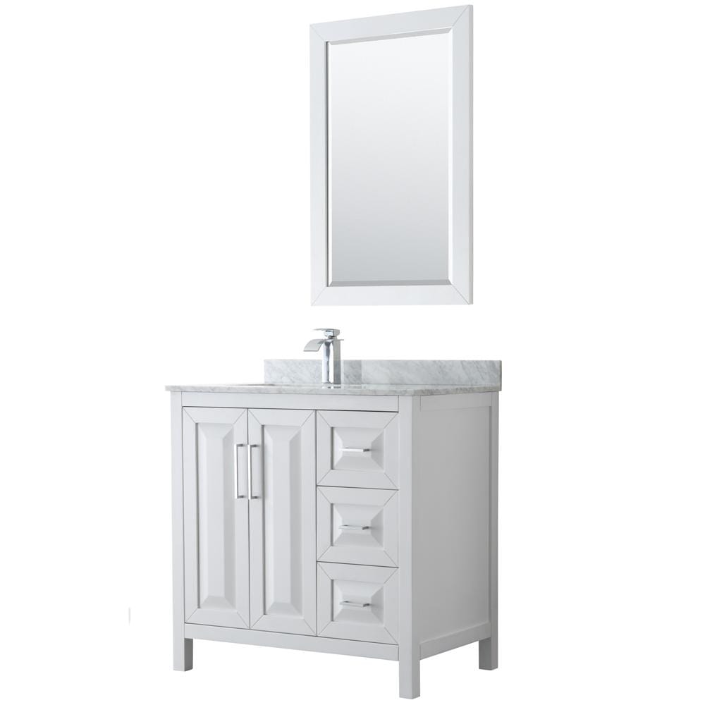 Wyndham Collection Vanity Wyndham Collection WCV252536SWHCMUNSM24 Daria 36 Inch Single Bathroom Vanity in White, White Carrara Marble Countertop, Undermount Square Sink, and 24 Inch Mirror