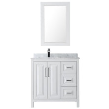 Load image into Gallery viewer, Wyndham Collection Vanity Wyndham Collection WCV252536SWHCMUNSM24 Daria 36 Inch Single Bathroom Vanity in White, White Carrara Marble Countertop, Undermount Square Sink, and 24 Inch Mirror