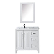 Load image into Gallery viewer, Wyndham Collection Vanity Wyndham Collection WCV252536SWHCMUNSMED Daria 36 Inch Single Bathroom Vanity in White, White Carrara Marble Countertop, Undermount Square Sink, and Medicine Cabinet