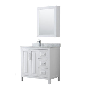 Wyndham Collection Vanity Wyndham Collection WCV252536SWHCMUNSMED Daria 36 Inch Single Bathroom Vanity in White, White Carrara Marble Countertop, Undermount Square Sink, and Medicine Cabinet