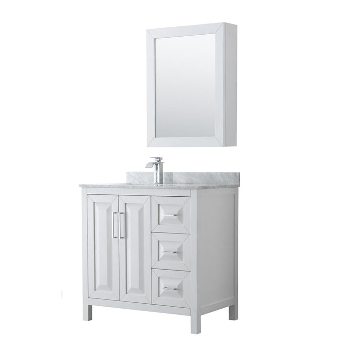 Wyndham Collection Vanity Wyndham Collection WCV252536SWHCMUNSMED Daria 36 Inch Single Bathroom Vanity in White, White Carrara Marble Countertop, Undermount Square Sink, and Medicine Cabinet