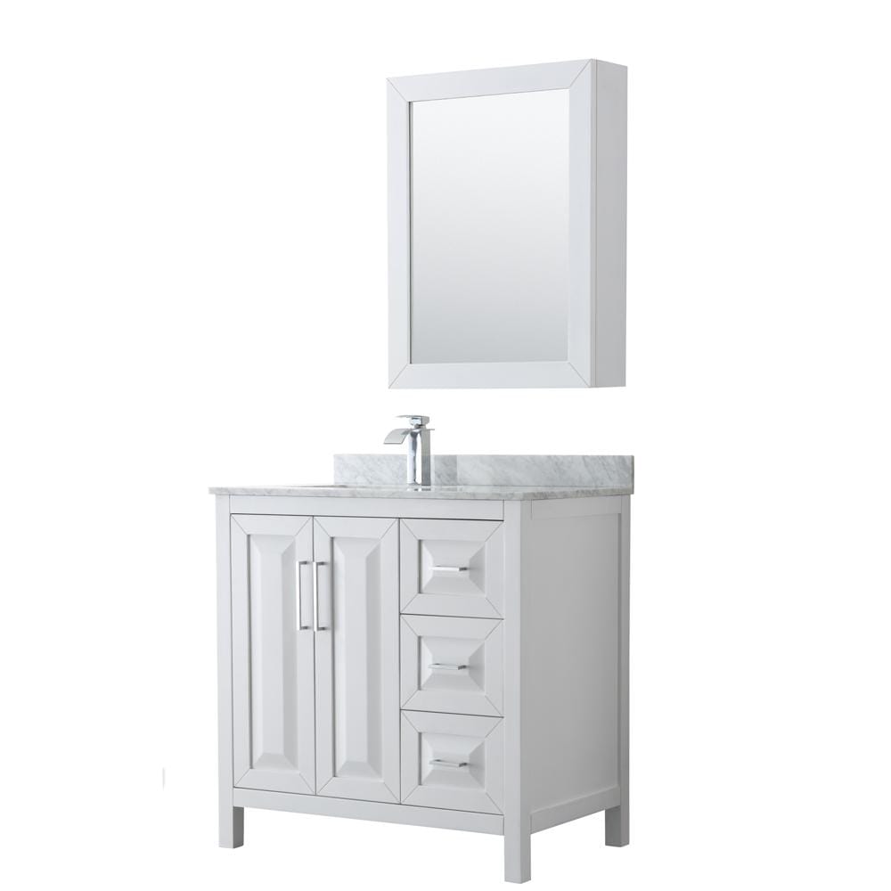 Wyndham Collection Vanity Wyndham Collection WCV252536SWHCMUNSMED Daria 36 Inch Single Bathroom Vanity in White, White Carrara Marble Countertop, Undermount Square Sink, and Medicine Cabinet