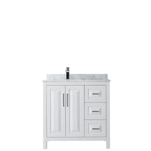 Load image into Gallery viewer, Wyndham Collection Vanity Wyndham Collection WCV252536SWHCMUNSMXX Daria 36 Inch Single Bathroom Vanity in White, White Carrara Marble Countertop, Undermount Square Sink, and No Mirror