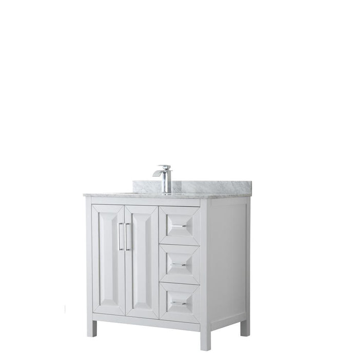 Wyndham Collection Vanity Wyndham Collection WCV252536SWHCMUNSMXX Daria 36 Inch Single Bathroom Vanity in White, White Carrara Marble Countertop, Undermount Square Sink, and No Mirror
