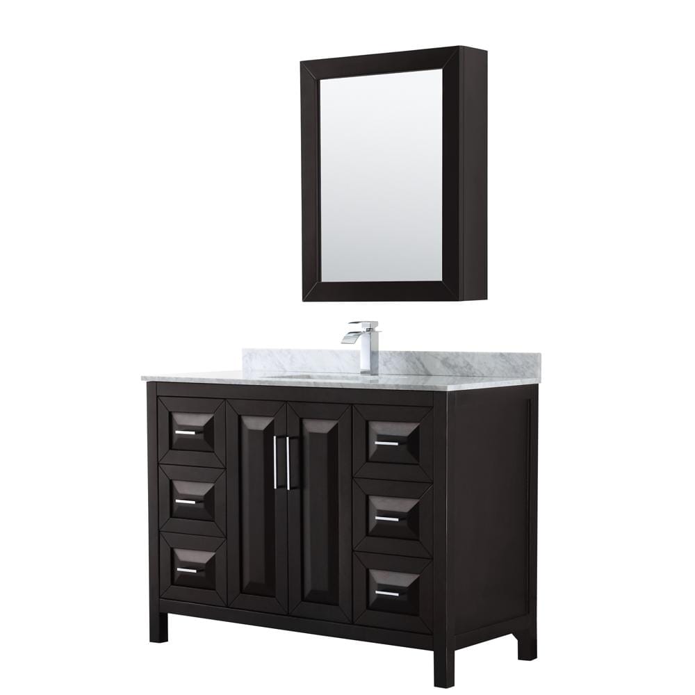 Wyndham Collection Vanity Wyndham Collection WCV252548SDECMUNSMED Daria 48 Inch Single Bathroom Vanity in Dark Espresso, White Carrara Marble Countertop, Undermount Square Sink, and Medicine Cabinet