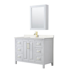 Load image into Gallery viewer, Wyndham Collection Vanity Wyndham Collection WCV252548SWGC2UNSMED Daria 48 Inch Single Bathroom Vanity in White, Light-Vein Carrara Cultured Marble Countertop, Undermount Square Sink, Medicine Cabinet, Brushed Gold Trim
