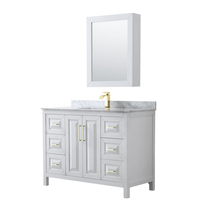 Wyndham Collection Vanity Wyndham Collection WCV252548SWGCMUNSMED Daria 48 Inch Single Bathroom Vanity in White, White Carrara Marble Countertop, Undermount Square Sink, Medicine Cabinet, Brushed Gold Trim