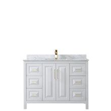 Load image into Gallery viewer, Wyndham Collection Vanity Wyndham Collection WCV252548SWGCMUNSMXX Daria 48 Inch Single Bathroom Vanity in White, White Carrara Marble Countertop, Undermount Square Sink, Brushed Gold Trim