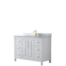 Load image into Gallery viewer, Wyndham Collection Vanity Wyndham Collection WCV252548SWGCMUNSMXX Daria 48 Inch Single Bathroom Vanity in White, White Carrara Marble Countertop, Undermount Square Sink, Brushed Gold Trim