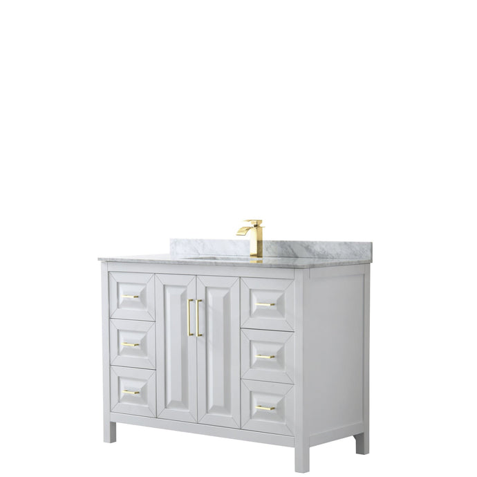Wyndham Collection Vanity Wyndham Collection WCV252548SWGCMUNSMXX Daria 48 Inch Single Bathroom Vanity in White, White Carrara Marble Countertop, Undermount Square Sink, Brushed Gold Trim