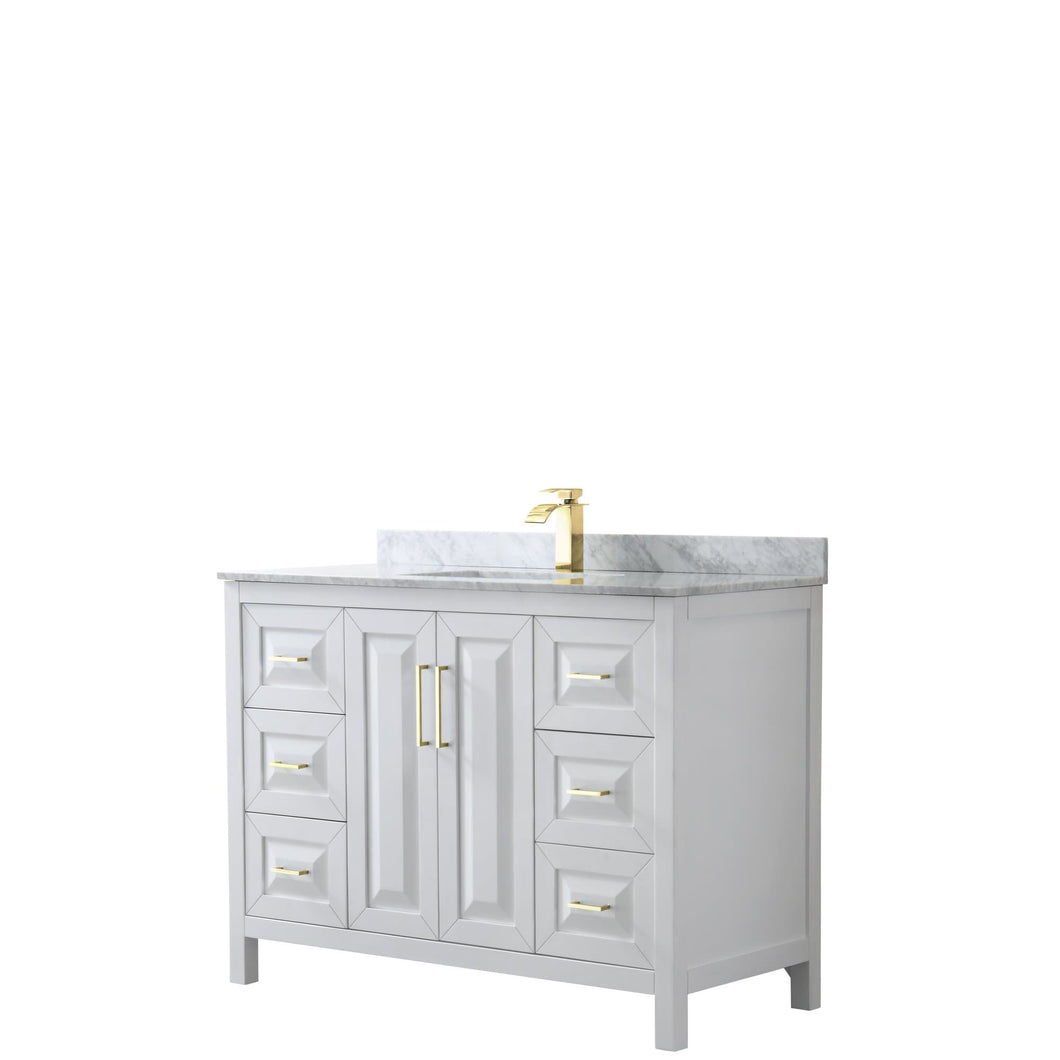 Wyndham Collection Vanity Wyndham Collection WCV252548SWGCMUNSMXX Daria 48 Inch Single Bathroom Vanity in White, White Carrara Marble Countertop, Undermount Square Sink, Brushed Gold Trim