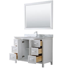 Load image into Gallery viewer, Wyndham Collection Vanity Wyndham Collection WCV252548SWHCMUNSM46 Daria 48 Inch Single Bathroom Vanity in White, White Carrara Marble Countertop, Undermount Square Sink, and 46 Inch Mirror