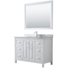 Load image into Gallery viewer, Wyndham Collection Vanity Wyndham Collection WCV252548SWHCMUNSM46 Daria 48 Inch Single Bathroom Vanity in White, White Carrara Marble Countertop, Undermount Square Sink, and 46 Inch Mirror