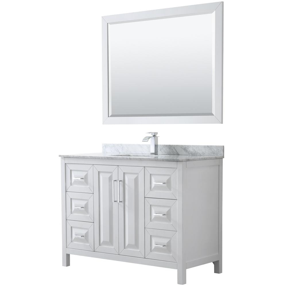 Wyndham Collection Vanity Wyndham Collection WCV252548SWHCMUNSM46 Daria 48 Inch Single Bathroom Vanity in White, White Carrara Marble Countertop, Undermount Square Sink, and 46 Inch Mirror