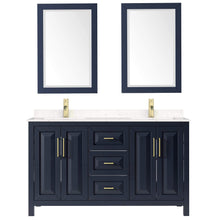 Load image into Gallery viewer, Wyndham Collection Vanity Wyndham Collection WCV252560DBLC2UNSM24 Daria 60 Inch Double Bathroom Vanity in Dark Blue, Light-Vein Carrara Cultured Marble Countertop, Undermount Square Sinks, 24 Inch Mirrors