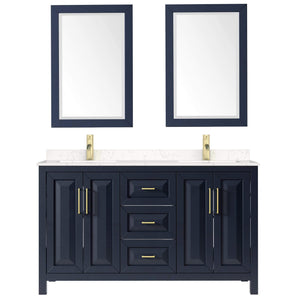 Wyndham Collection Vanity Wyndham Collection WCV252560DBLC2UNSM24 Daria 60 Inch Double Bathroom Vanity in Dark Blue, Light-Vein Carrara Cultured Marble Countertop, Undermount Square Sinks, 24 Inch Mirrors