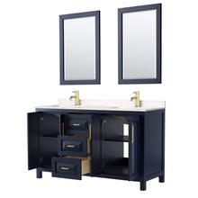 Load image into Gallery viewer, Wyndham Collection Vanity Wyndham Collection WCV252560DBLC2UNSM24 Daria 60 Inch Double Bathroom Vanity in Dark Blue, Light-Vein Carrara Cultured Marble Countertop, Undermount Square Sinks, 24 Inch Mirrors