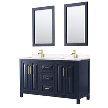 Load image into Gallery viewer, Wyndham Collection Vanity Wyndham Collection WCV252560DBLC2UNSM24 Daria 60 Inch Double Bathroom Vanity in Dark Blue, Light-Vein Carrara Cultured Marble Countertop, Undermount Square Sinks, 24 Inch Mirrors