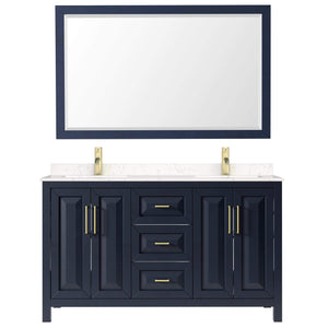 Wyndham Collection Vanity Wyndham Collection WCV252560DBLC2UNSM58 Daria 60 Inch Double Bathroom Vanity in Dark Blue, Light-Vein Carrara Cultured Marble Countertop, Undermount Square Sinks, 58 Inch Mirror