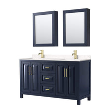 Load image into Gallery viewer, Wyndham Collection Vanity Wyndham Collection WCV252560DBLC2UNSMED Daria 60 Inch Double Bathroom Vanity in Dark Blue, Light-Vein Carrara Cultured Marble Countertop, Undermount Square Sinks, Medicine Cabinets