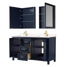 Load image into Gallery viewer, Wyndham Collection Vanity Wyndham Collection WCV252560DBLC2UNSMED Daria 60 Inch Double Bathroom Vanity in Dark Blue, Light-Vein Carrara Cultured Marble Countertop, Undermount Square Sinks, Medicine Cabinets