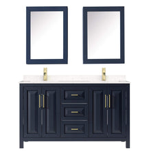 Load image into Gallery viewer, Wyndham Collection Vanity Wyndham Collection WCV252560DBLC2UNSMED Daria 60 Inch Double Bathroom Vanity in Dark Blue, Light-Vein Carrara Cultured Marble Countertop, Undermount Square Sinks, Medicine Cabinets