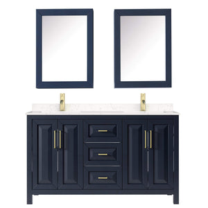 Wyndham Collection Vanity Wyndham Collection WCV252560DBLC2UNSMED Daria 60 Inch Double Bathroom Vanity in Dark Blue, Light-Vein Carrara Cultured Marble Countertop, Undermount Square Sinks, Medicine Cabinets