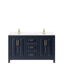 Load image into Gallery viewer, Wyndham Collection Vanity Wyndham Collection WCV252560DBLC2UNSMXX Daria 60 Inch Double Bathroom Vanity in Dark Blue, Light-Vein Carrara Cultured Marble Countertop, Undermount Square Sinks, No Mirror