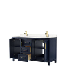 Load image into Gallery viewer, Wyndham Collection Vanity Wyndham Collection WCV252560DBLC2UNSMXX Daria 60 Inch Double Bathroom Vanity in Dark Blue, Light-Vein Carrara Cultured Marble Countertop, Undermount Square Sinks, No Mirror