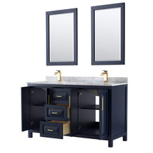 Load image into Gallery viewer, Wyndham Collection Vanity Wyndham Collection WCV252560DBLCMUNSM24 Daria 60 Inch Double Bathroom Vanity in Dark Blue, White Carrara Marble Countertop, Undermount Square Sinks, 24 Inch Mirrors