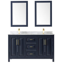 Load image into Gallery viewer, Wyndham Collection Vanity Wyndham Collection WCV252560DBLCMUNSM24 Daria 60 Inch Double Bathroom Vanity in Dark Blue, White Carrara Marble Countertop, Undermount Square Sinks, 24 Inch Mirrors