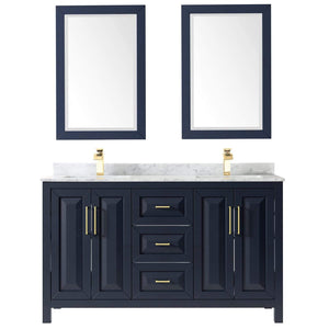 Wyndham Collection Vanity Wyndham Collection WCV252560DBLCMUNSM24 Daria 60 Inch Double Bathroom Vanity in Dark Blue, White Carrara Marble Countertop, Undermount Square Sinks, 24 Inch Mirrors