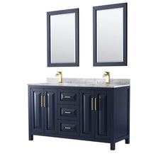 Load image into Gallery viewer, Wyndham Collection Vanity Wyndham Collection WCV252560DBLCMUNSM24 Daria 60 Inch Double Bathroom Vanity in Dark Blue, White Carrara Marble Countertop, Undermount Square Sinks, 24 Inch Mirrors