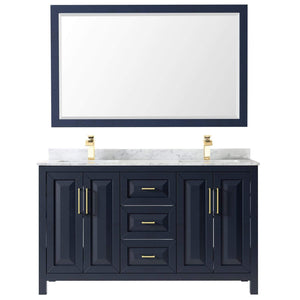 Wyndham Collection Vanity Wyndham Collection WCV252560DBLCMUNSM58 Daria 60 Inch Double Bathroom Vanity in Dark Blue, White Carrara Marble Countertop, Undermount Square Sinks, 58 Inch Mirror