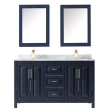 Load image into Gallery viewer, Wyndham Collection Vanity Wyndham Collection WCV252560DBLCMUNSMED Daria 60 Inch Double Bathroom Vanity in Dark Blue, White Carrara Marble Countertop, Undermount Square Sinks, Medicine Cabinets