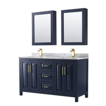 Load image into Gallery viewer, Wyndham Collection Vanity Wyndham Collection WCV252560DBLCMUNSMED Daria 60 Inch Double Bathroom Vanity in Dark Blue, White Carrara Marble Countertop, Undermount Square Sinks, Medicine Cabinets