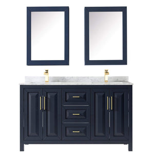 Wyndham Collection Vanity Wyndham Collection WCV252560DBLCMUNSMED Daria 60 Inch Double Bathroom Vanity in Dark Blue, White Carrara Marble Countertop, Undermount Square Sinks, Medicine Cabinets