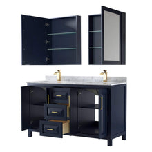 Load image into Gallery viewer, Wyndham Collection Vanity Wyndham Collection WCV252560DBLCMUNSMED Daria 60 Inch Double Bathroom Vanity in Dark Blue, White Carrara Marble Countertop, Undermount Square Sinks, Medicine Cabinets