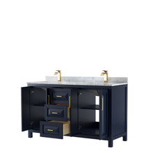 Load image into Gallery viewer, Wyndham Collection Vanity Wyndham Collection WCV252560DBLCMUNSMXX Daria 60 Inch Double Bathroom Vanity in Dark Blue, White Carrara Marble Countertop, Undermount Square Sinks, No Mirror