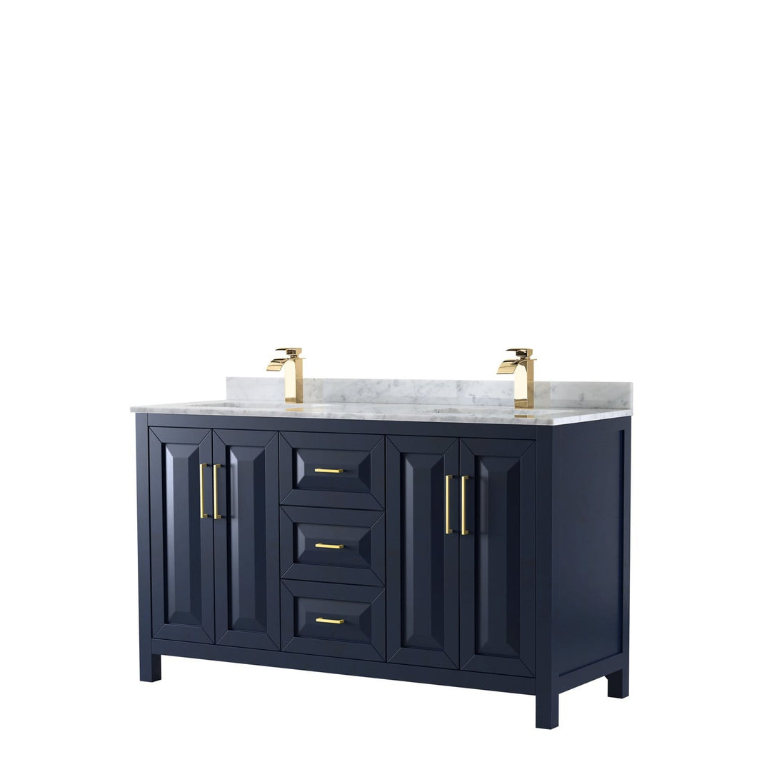 Wyndham Collection Vanity Wyndham Collection WCV252560DBLCMUNSMXX Daria 60 Inch Double Bathroom Vanity in Dark Blue, White Carrara Marble Countertop, Undermount Square Sinks, No Mirror