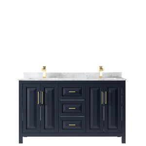 Wyndham Collection Vanity Wyndham Collection WCV252560DBLCMUNSMXX Daria 60 Inch Double Bathroom Vanity in Dark Blue, White Carrara Marble Countertop, Undermount Square Sinks, No Mirror