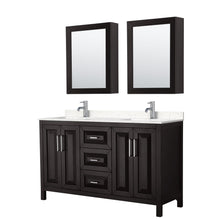 Load image into Gallery viewer, Wyndham Collection Vanity Wyndham Collection WCV252560DDEC2UNSMED Daria 60 Inch Double Bathroom Vanity in Dark Espresso, Light-Vein Carrara Cultured Marble Countertop, Undermount Square Sinks, Medicine Cabinets