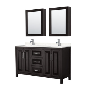 Wyndham Collection Vanity Wyndham Collection WCV252560DDEC2UNSMED Daria 60 Inch Double Bathroom Vanity in Dark Espresso, Light-Vein Carrara Cultured Marble Countertop, Undermount Square Sinks, Medicine Cabinets