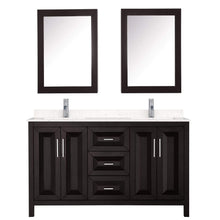 Load image into Gallery viewer, Wyndham Collection Vanity Wyndham Collection WCV252560DDEC2UNSMED Daria 60 Inch Double Bathroom Vanity in Dark Espresso, Light-Vein Carrara Cultured Marble Countertop, Undermount Square Sinks, Medicine Cabinets