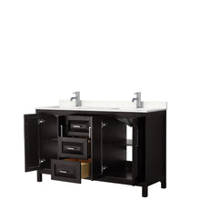 Load image into Gallery viewer, Wyndham Collection Vanity Wyndham Collection WCV252560DDEC2UNSMXX Daria 60 Inch Double Bathroom Vanity in Dark Espresso, Light-Vein Carrara Cultured Marble Countertop, Undermount Square Sinks, No Mirror