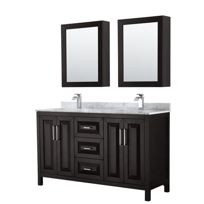 Wyndham Collection Vanity Wyndham Collection WCV252560DDECMUNSMED Daria 60 Inch Double Bathroom Vanity in Dark Espresso, White Carrara Marble Countertop, Undermount Square Sinks, and Medicine Cabinets