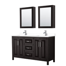 Load image into Gallery viewer, Wyndham Collection Vanity Wyndham Collection WCV252560DDEWCUNSMED Daria 60 Inch Double Bathroom Vanity in Dark Espresso, White Cultured Marble Countertop, Undermount Square Sinks, Medicine Cabinets