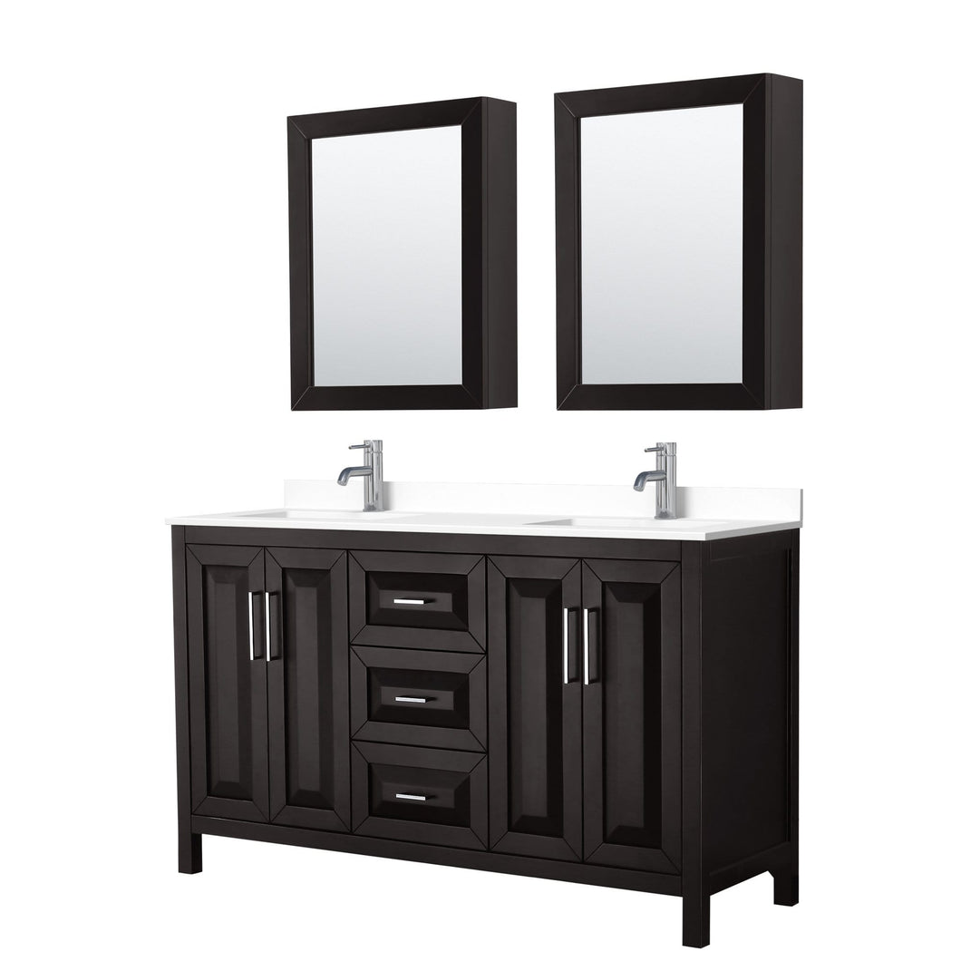 Wyndham Collection Vanity Wyndham Collection WCV252560DDEWCUNSMED Daria 60 Inch Double Bathroom Vanity in Dark Espresso, White Cultured Marble Countertop, Undermount Square Sinks, Medicine Cabinets